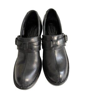 Born Chunky Clogs Block Heels Harness Strap Black Leather Womens 6.5